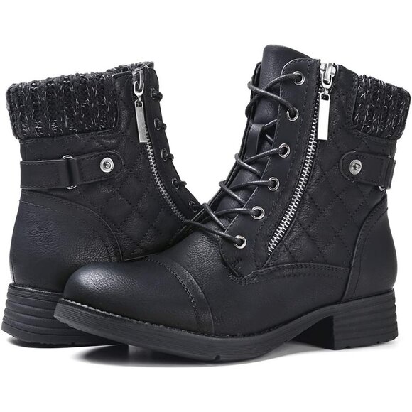 STQ Women's Black Synthetic Side Zipper Combat Boots Lace up Ankle Booties - Picture 1 of 9